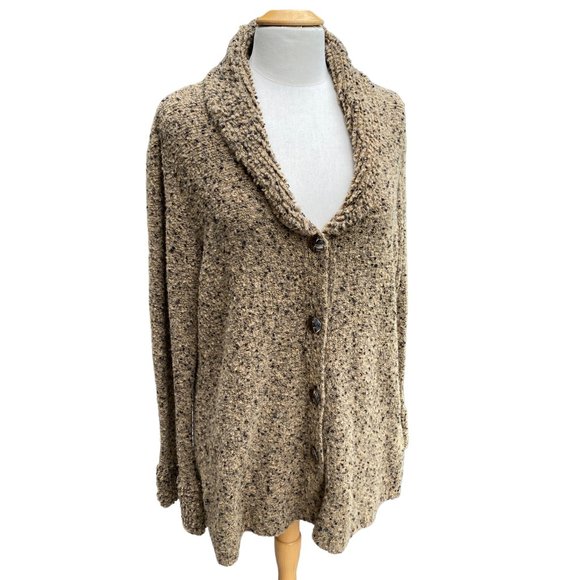 Clorinda Italy Wool Blend Cardigan Tan Black Boucle Bell Sleeve Neutral Long-XL - Picture 1 of 15